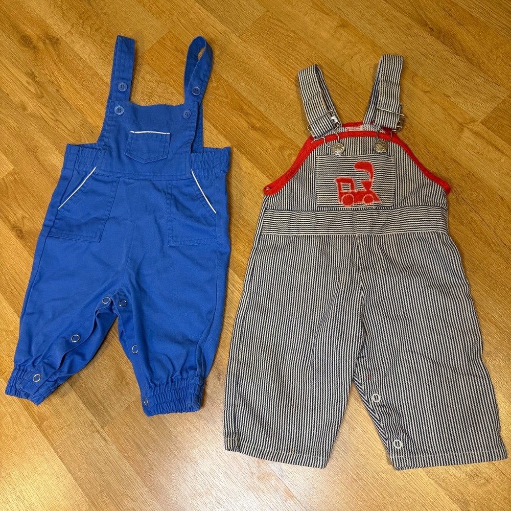 Sears Vintage Baby Infant Overalls Bundle, Train Pinstripe And Blue Size Small